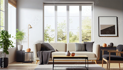 modern, minimalist living room interior, featuring large windows that flood the space with natural light, and clean linescreating an atmosphere of simplicity, functionality, and comfort generative ai