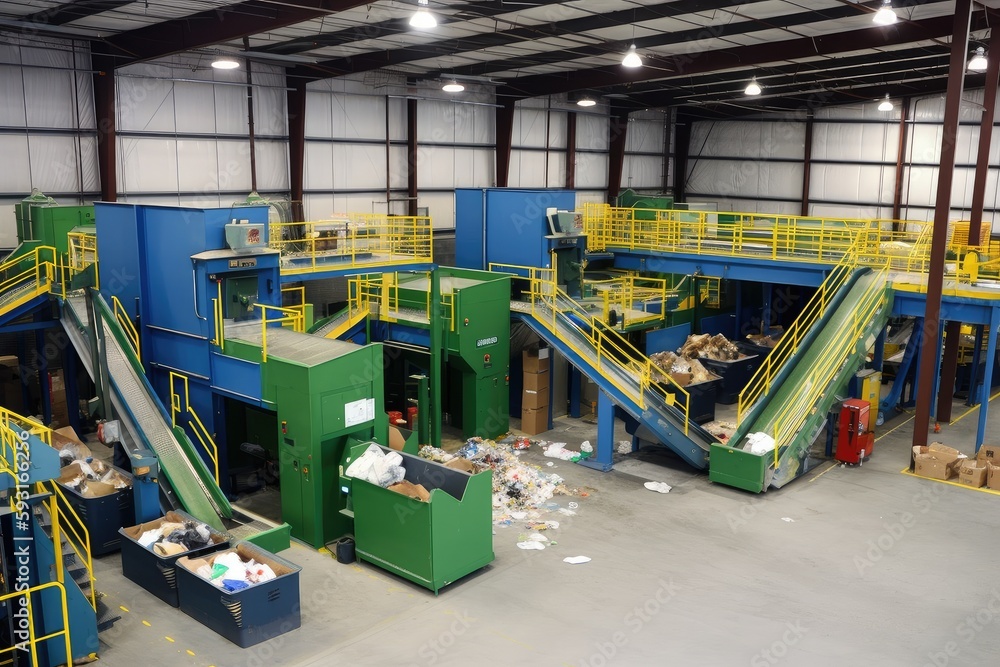 recycling center, with bins and sorting machines for separating different types of materials
