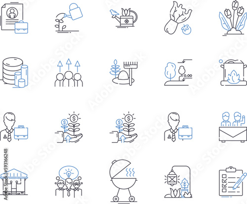 Farming business outline icons collection. Cropping, Sowing, Farming, Cultivating, Reaping, Flourishing, Tilling vector and illustration concept set. Harvesting, Agribusiness, Irrigation linear signs