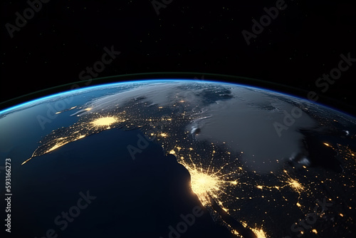 Beautiful amazing planet Earth with night lights of megacities and cities with stars space view. Created with Generative AI Technology