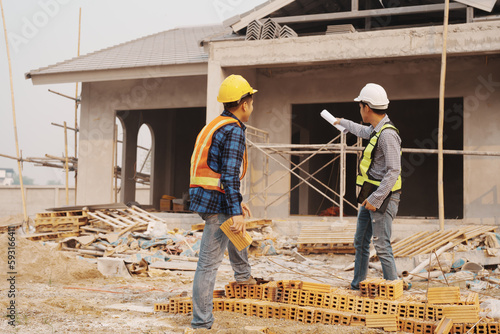 Φωτογραφία Team of engineer and worker checking construction site outdoors Surveyor builder Engineer surveying work checking schedule for rebuilding project