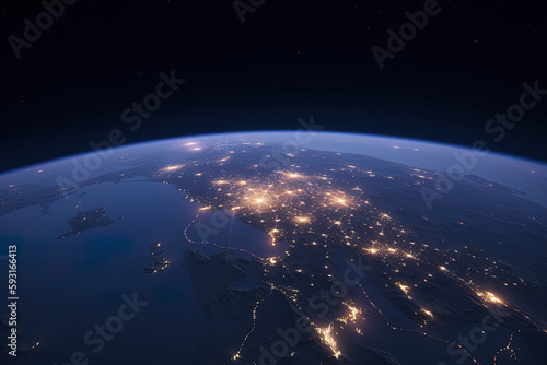 Beautiful amazing planet Earth with night lights of megacities and cities with stars space view. Created with Generative AI Technology