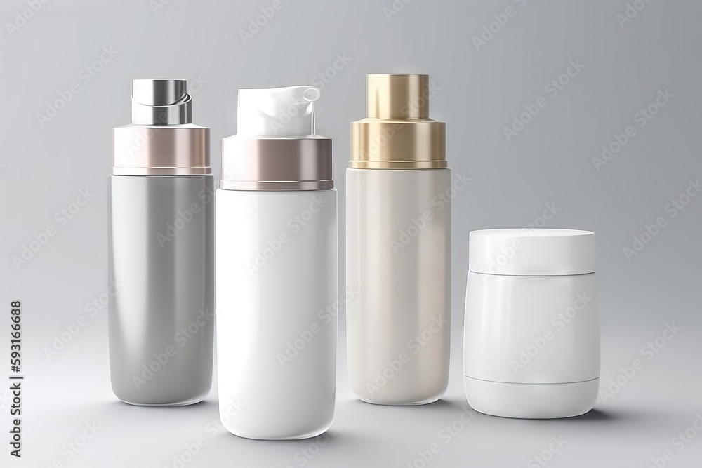 a group of three white bottles with gold caps and a white container with a gold cap and a white container with a gold cap and a white container with a gold lid. generative ai a group of three white bottles with gold caps and a white container with a gold cap and a white container with a gold cap and a white container with a gold lid. generative ai