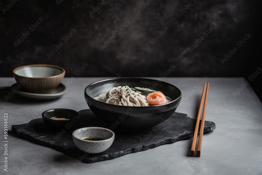  a bowl of noodles with chopsticks and a bowl of shrimp on a slate board with chopsticks on the side of the bowl.  generative ai