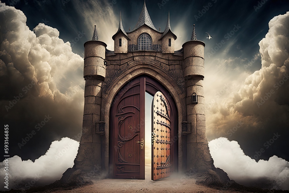 medieval castle with grand wooden door to heaven, opening up to the ...