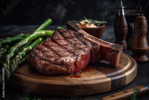  a steak and asparagus on a cutting board next to a knife and a bowl of sauce on a wooden board with a knife. generative ai