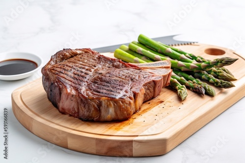  a piece of steak and asparagus on a cutting board with a knife and a bowl of sauce on the side of the plate.  generative ai