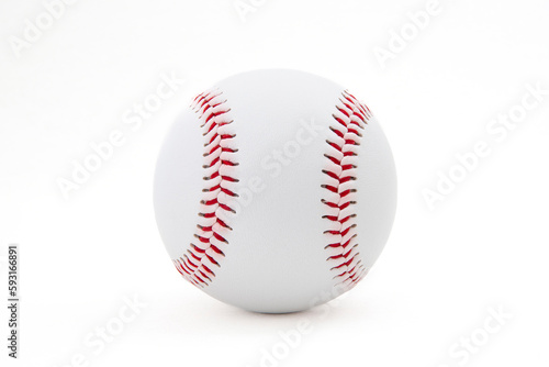 Close-up of a white baseball with red stitching on a white background
