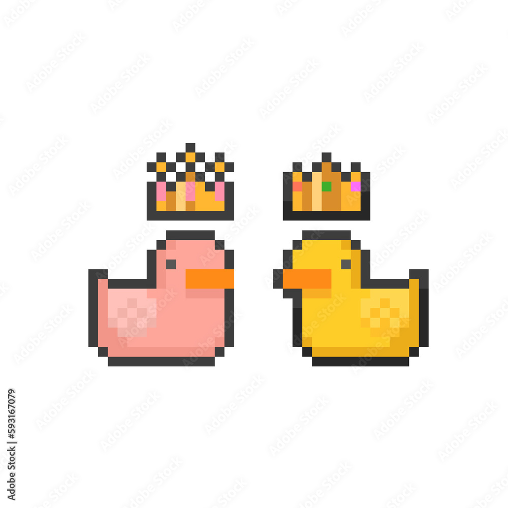 Pixel art king and queen rubber duck character. Pixel art king and queen rubber duck character.