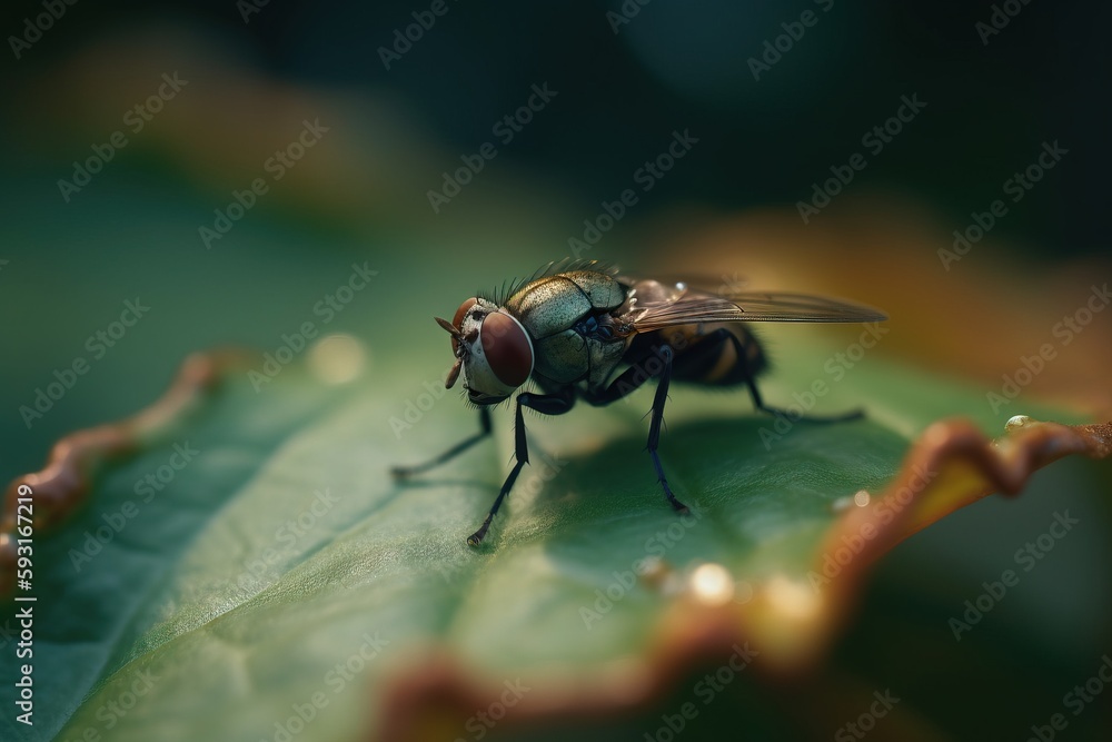 a fly sitting on top of a leaf on top of a green leaf covered in drops of water on a sunny day in the sun. generative ai a fly sitting on top of a leaf on top of a green leaf covered in drops of water on a sunny day in the sun. generative ai