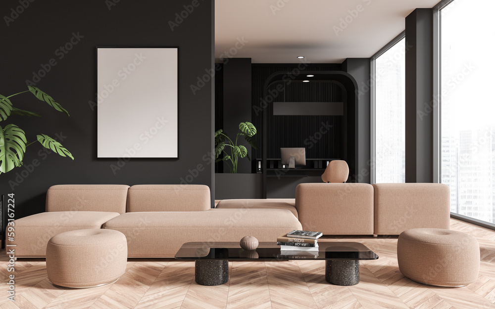 Fototapeta premium Gray and wooden bank waiting room with poster