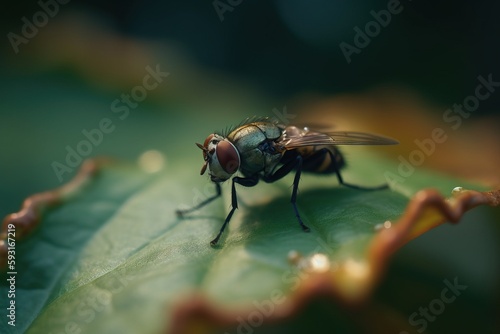  a fly sitting on top of a leaf on top of a green leaf covered in drops of water on a sunny day in the sun.  generative ai © Nadia