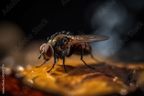  a close up of a fly sitting on a piece of wood with water droplets on it's wings and head, with a black background.  generative ai © Nadia