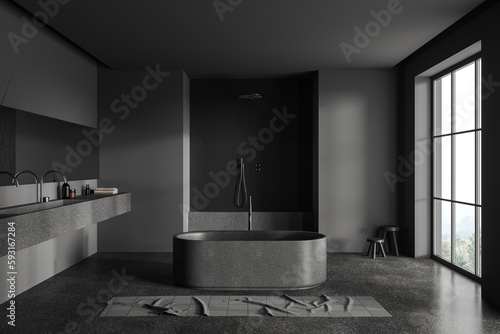 Grey bathroom interior with double sink, shower and tub near panoramic window