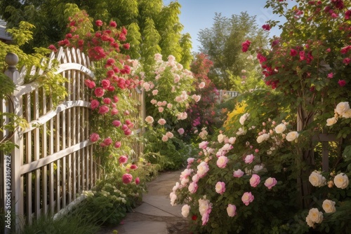 fence with trellis, climbing roses and blooming flowers in full bloom, created with generative ai photo