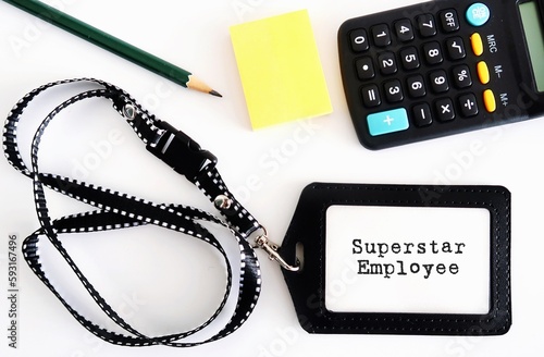 Photography worker staff id card with text written superstar employee on white background
