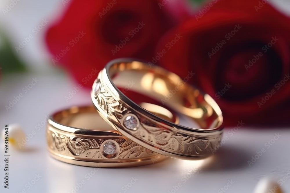 two gold wedding rings with diamonds on a white surface with roses in the background and a rose bud in the foreground with a rose bud in the foreground. generative ai two gold wedding rings with diamonds on a white surface with roses in the background and a rose bud in the foreground with a rose bud in the foreground. generative ai