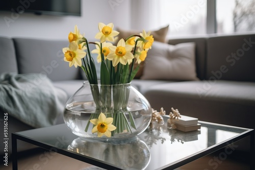  a glass vase filled with yellow flowers sitting on a coffee table next to a couch in a living room with a gray couch and a window.  generative ai