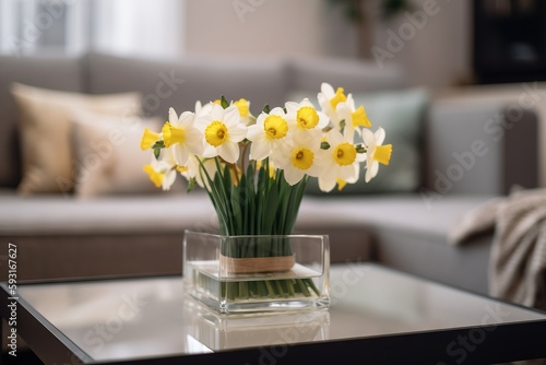  a glass table topped with a vase filled with yellow and white flowers next to a couch in a living room next to a window with a couch.  generative ai