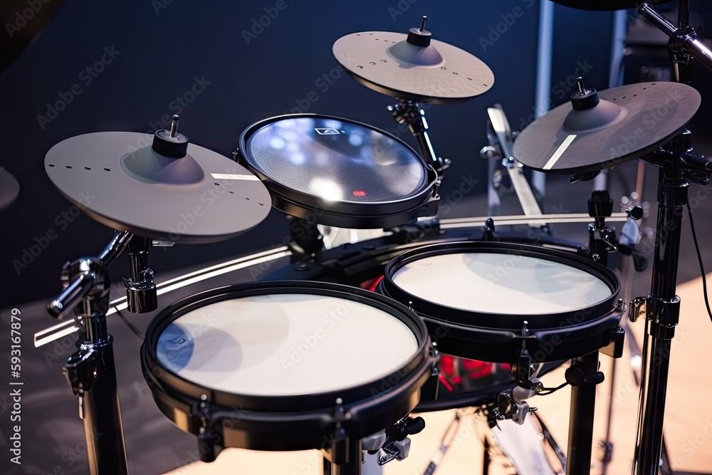 electronic drums set, with drumsticks and cymbals visible in the shot