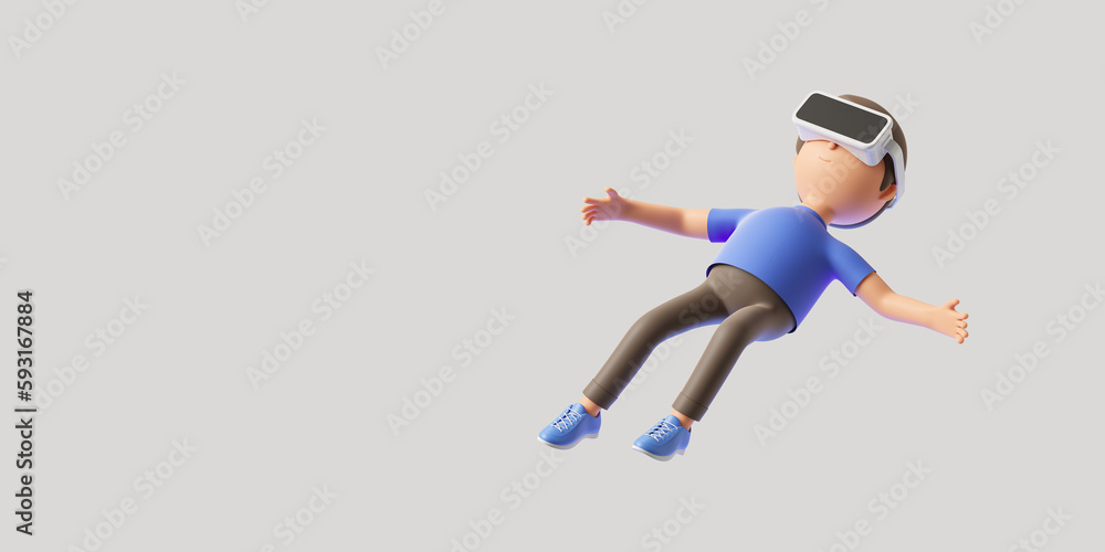 3d rendering. Cartoon man in vr glasses floating in metaverse. Copy space