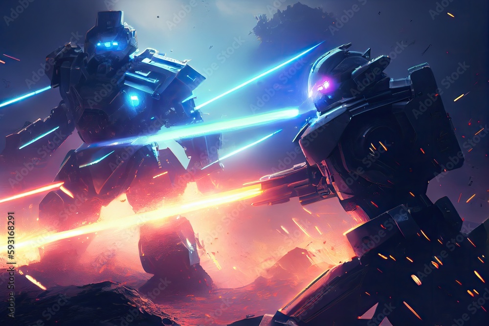 scifi scene, with two robots engaged in epic battle, shooting lasers