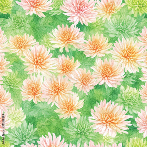 Watercolor seamless pattern with chrysanthemum flowers  leaves and branches on white background