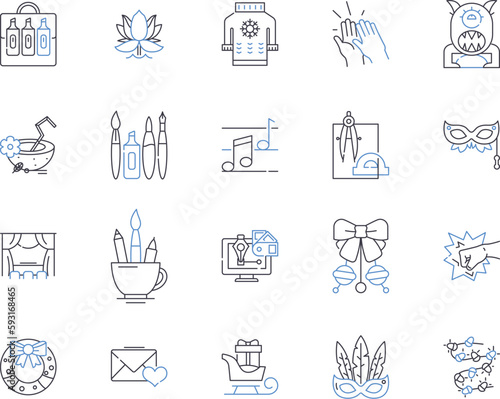 Creative hobies outline icons collection. Painting, Crafting, Sewing, Gardening, Writing, Doodling, Chalk-Art vector and illustration concept set. Beadwork, Woodwork, Knitting linear signs