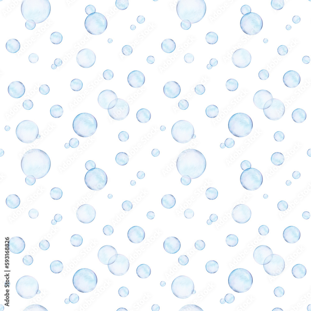 Watercolor drawn rapport of different size air bubbles on white background. Transparent realistic picture for illustration, stickers, logo, textile printing