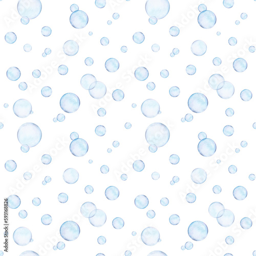 Watercolor drawn rapport of different size air bubbles on white background. Transparent realistic picture for illustration, stickers, logo, textile printing