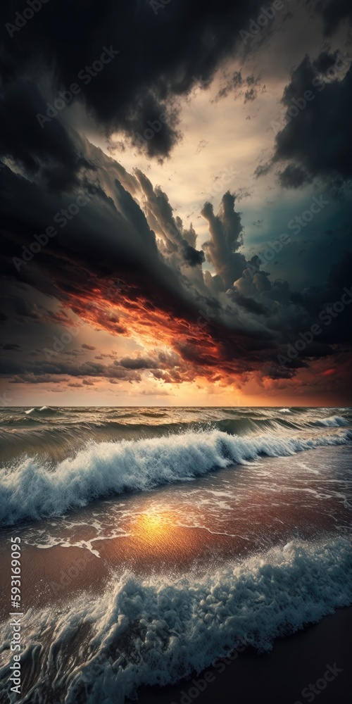 Baltic Sea following a storm. Spectacular sky, glowing clouds, and gentle sunlight. waves and water splashing. beautiful landscapes, the sea, and nature. sweeping panorama. Generative AI