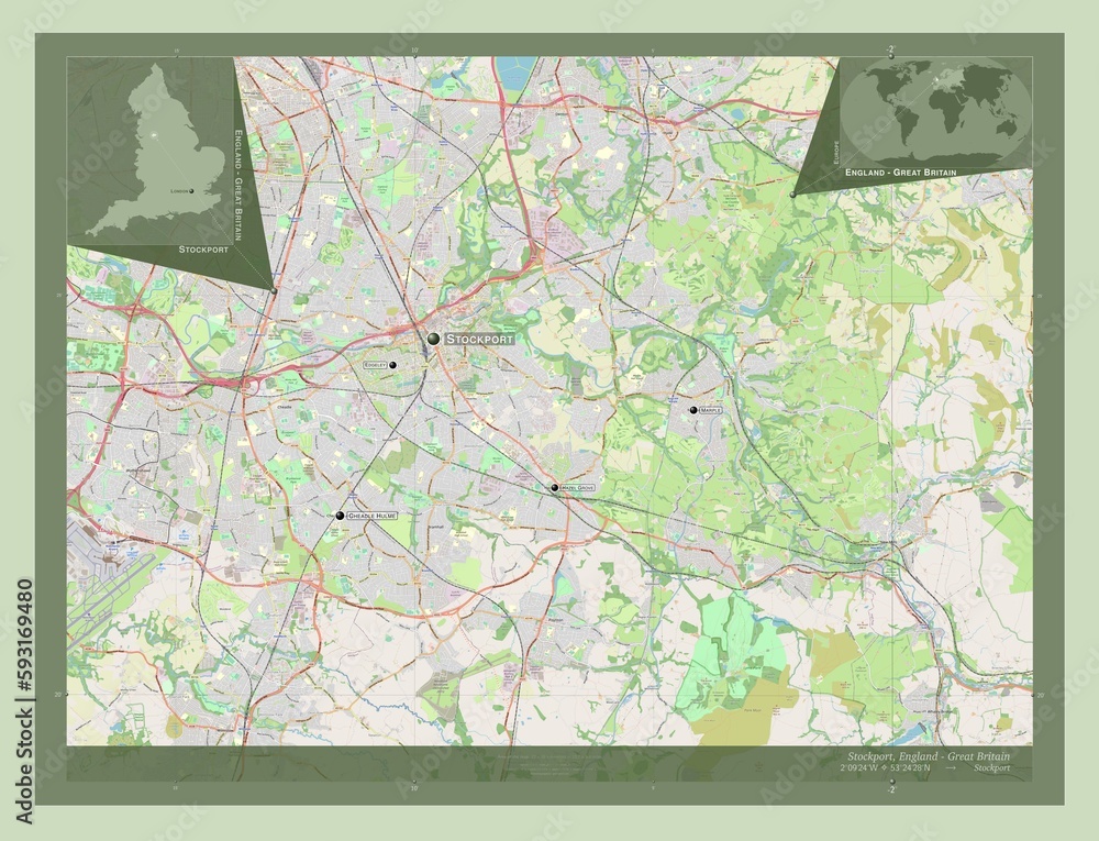 Fototapeta premium Stockport, England - Great Britain. OSM. Labelled points of cities
