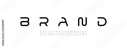 Technology science font, digital cyber alphabet made futurism style, Latin letters A-Z and Arab numerals 0-9 space style