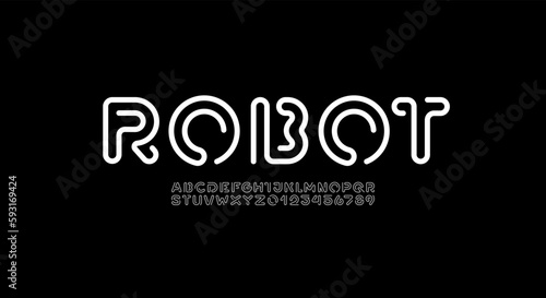 Digital style alphabet, font from white wire, letters and numbers made in linear style, vector illustration 10EPS