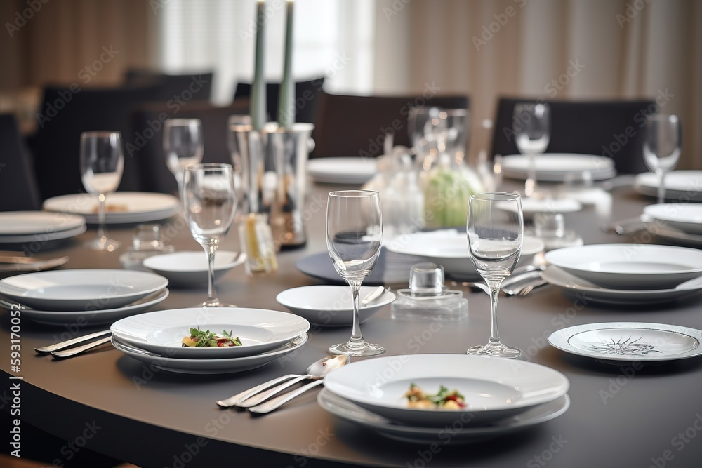  a table set for a formal dinner with white plates and silverware.  generative ai