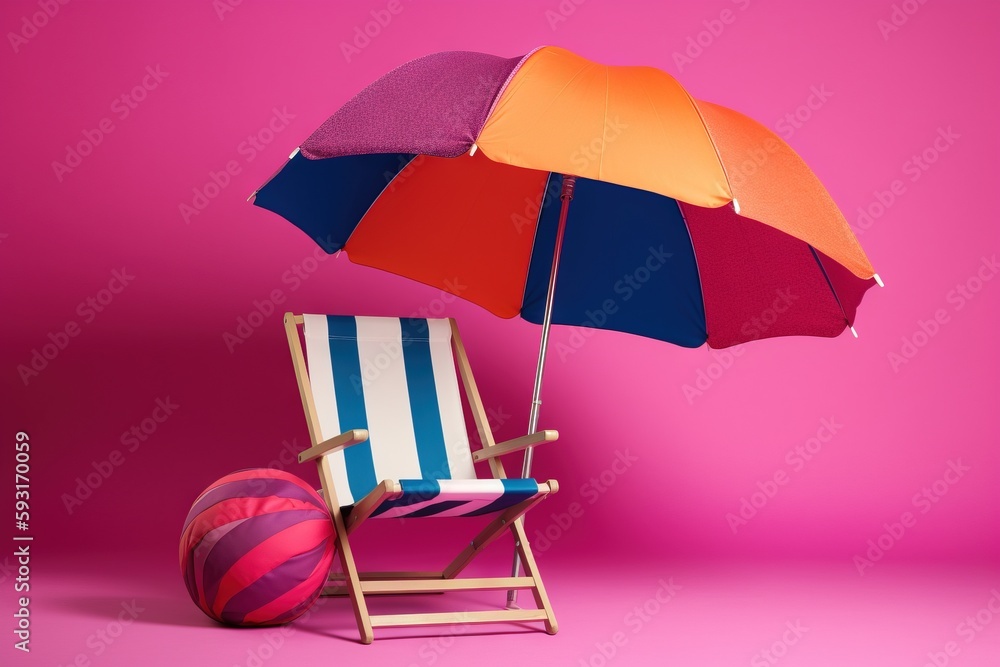 a beach chair with an umbrella and a ball on a pink background. generative ai a beach chair with an umbrella and a ball on a pink background. generative ai