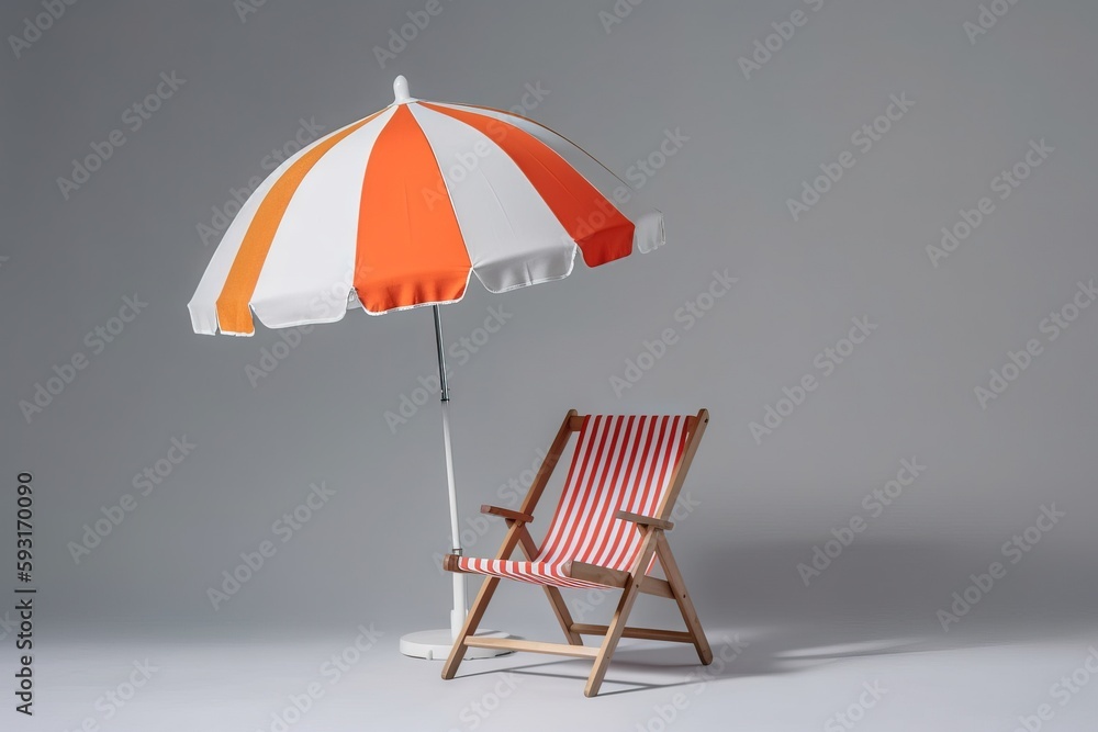  a beach chair with an umbrella on a gray background,.  generative ai
