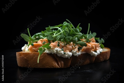  a piece of bread topped with cream cheese and fresh greens. generative ai