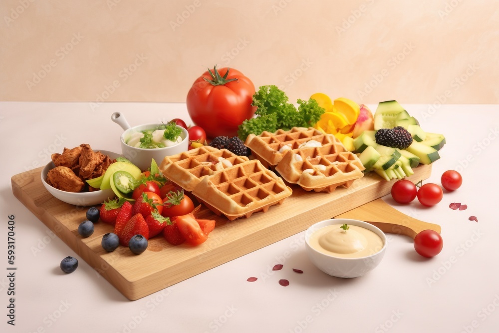 a wooden cutting board topped with waffles and fruit. generative ai a wooden cutting board topped with waffles and fruit. generative ai