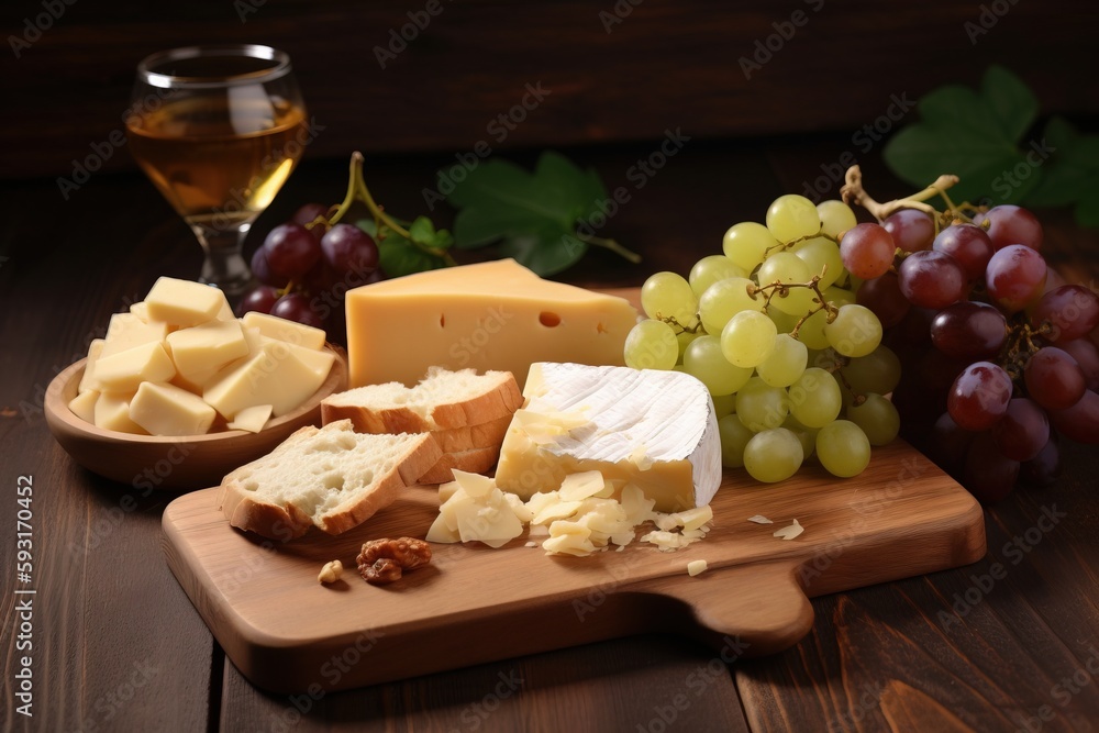 a wooden cutting board topped with lots of cheese and grapes. generative ai a wooden cutting board topped with lots of cheese and grapes. generative ai