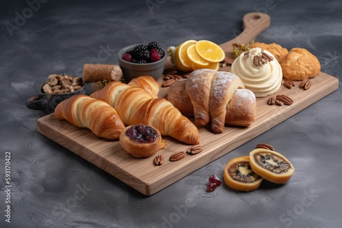 a wooden cutting board topped with lots of pastries and fruit. generative ai