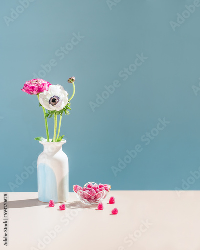 Beautiful still life. Bouquet Of Pastel Flowers In vase. photo