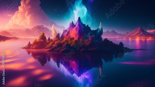 A digital painting of mountains and a lake with a colorful sky and the words the word on it 