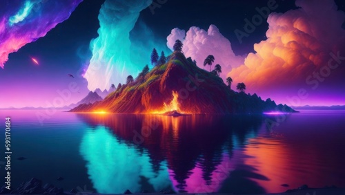 A colorful landscape with a mountain and a lake with a glowing light.