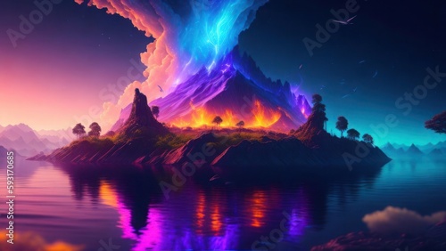 A colorful landscape with a mountain and a lake with a lightning bolt on it.