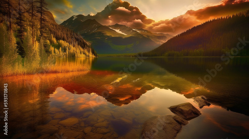 a mountain landscape during the golden hour with this stunning digital artwork, expertly crafted to showcase the warm glow of the setting sun generative ai.