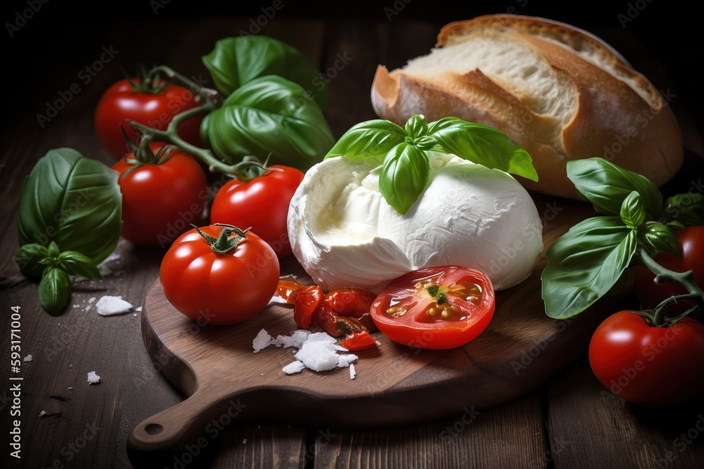 a cutting board with bread, tomatoes, and mozzarella on it. generative ai a cutting board with bread, tomatoes, and mozzarella on it. generative ai