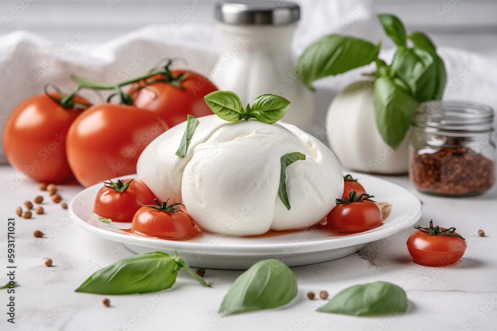 a plate of mozzarella with tomatoes and basil on the side. generative ai a plate of mozzarella with tomatoes and basil on the side. generative ai