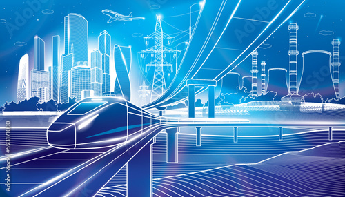 Outline city illustration. Neon glow town life image. Railroad bridge. Car overpass. Train rides. City Infrastructure and transport, urban scene. Vector design art. White lines on blue background