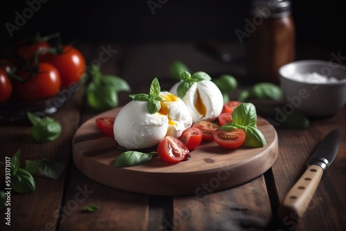  a wooden plate topped with sliced tomatoes and hard boiled eggs.  generative ai